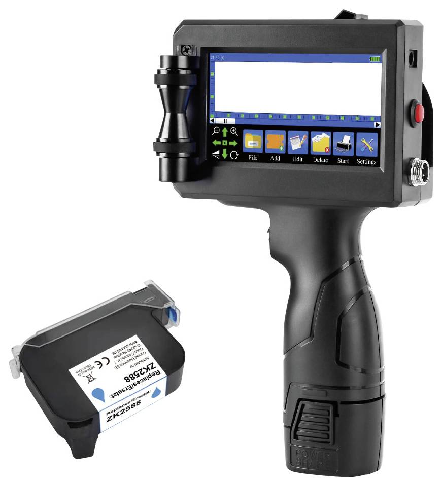 Draagbare inkjetprinter met een display waarop bedieningselementen en gegevens worden weergegeven, naast een inktcartridge.