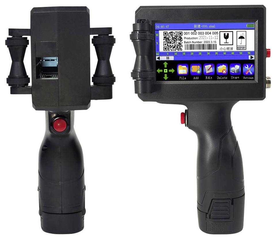 Handheld printer met een kleurenaanraakscherm waarop tekst en pictogrammen worden weergegeven. Printkop en bedieningsknoppen zijn zichtbaar.