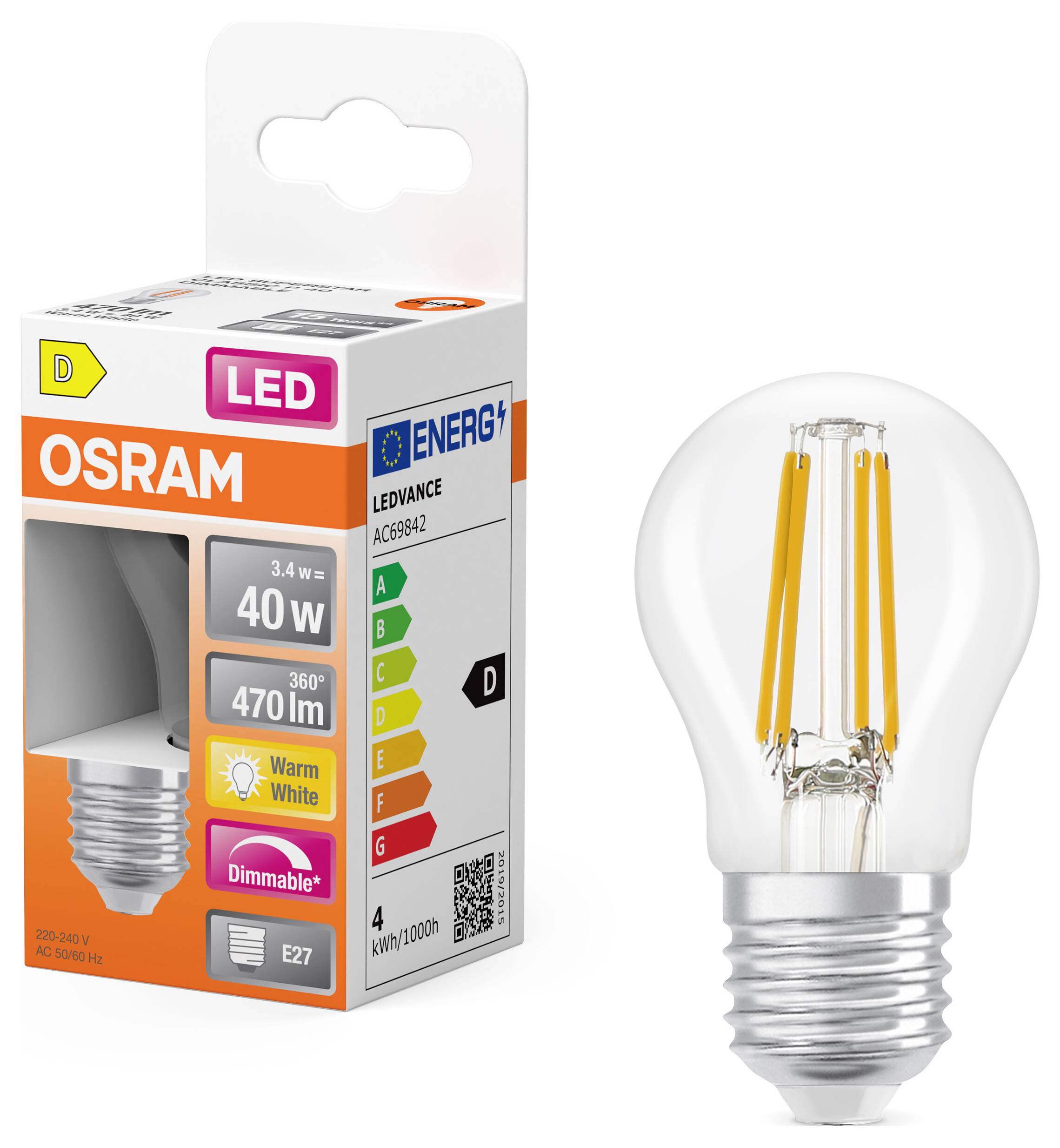 OSRAM HOMELIGHTING 4099854443947 LED-lamp Energielabel D (A - G) E27 3.4 W Warmwit (Ø x h) 45.00 mm x 45.00 mm 1 stuk(s) – Foto 3 van 3
