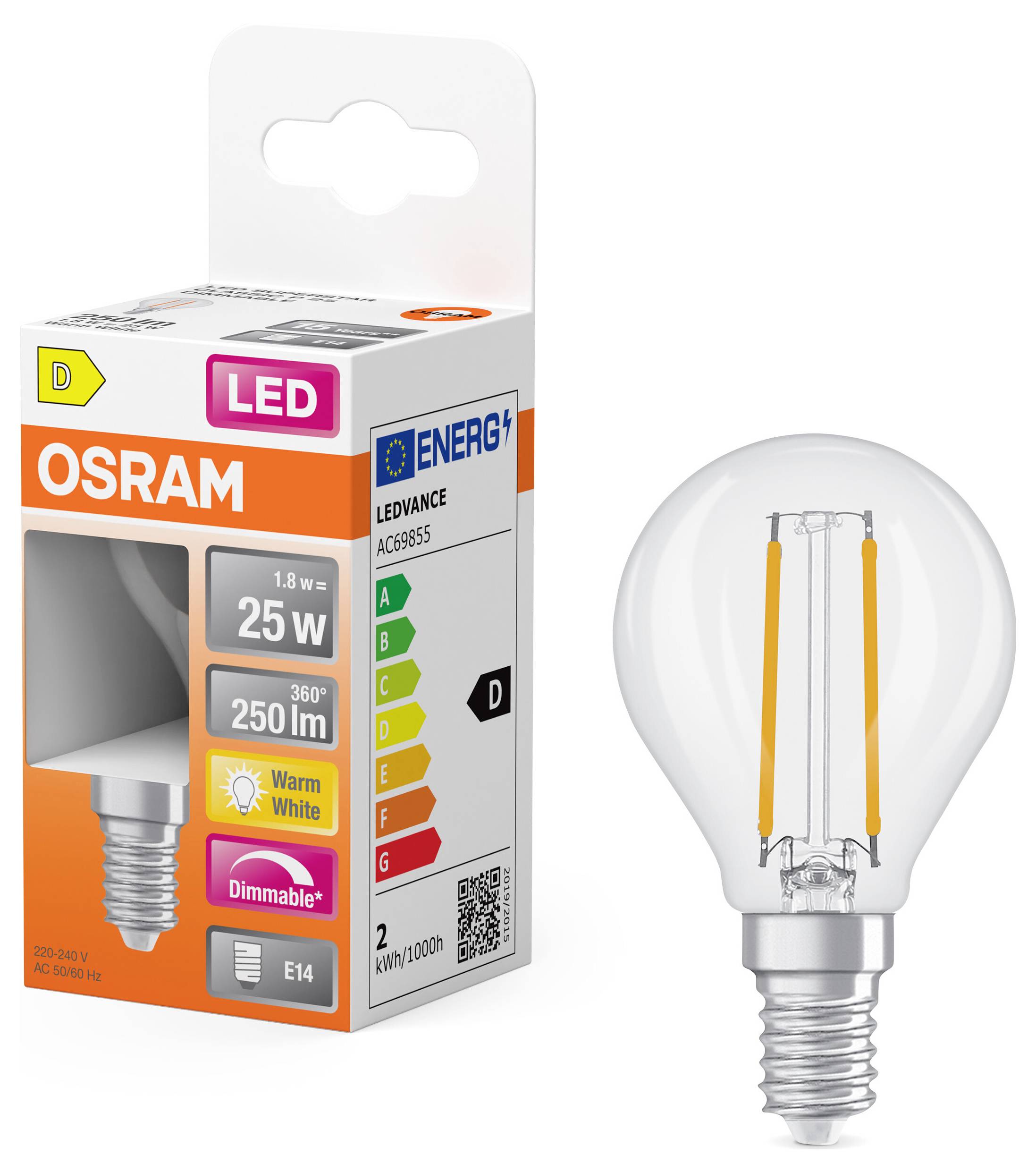 OSRAM HOMELIGHTING 4099854455360 LED-lamp Energielabel D (A - G) E14 1.8 W Warmwit (Ø x h) 45.00 mm x 45.00 mm 1 stuk(s) – Foto 3 van 3