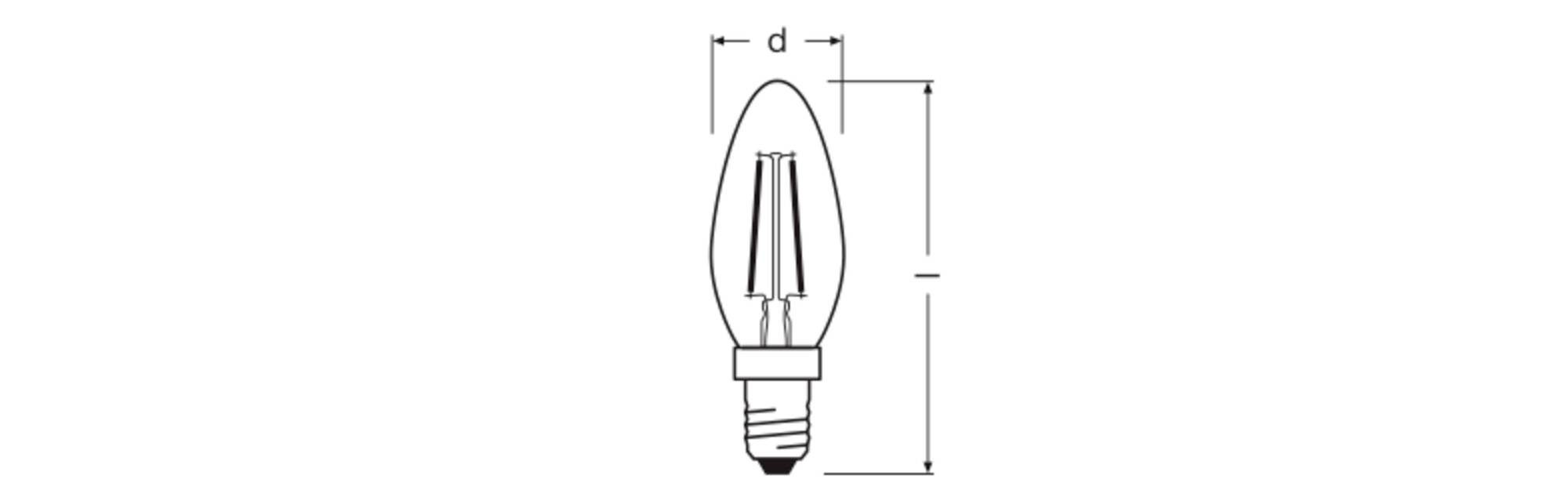 Diagram van een gloeilamp met metingen 'd' voor diameter en 'h' voor hoogte, weergegeven met pijlen, die ontwerpspecificaties aanduiden.