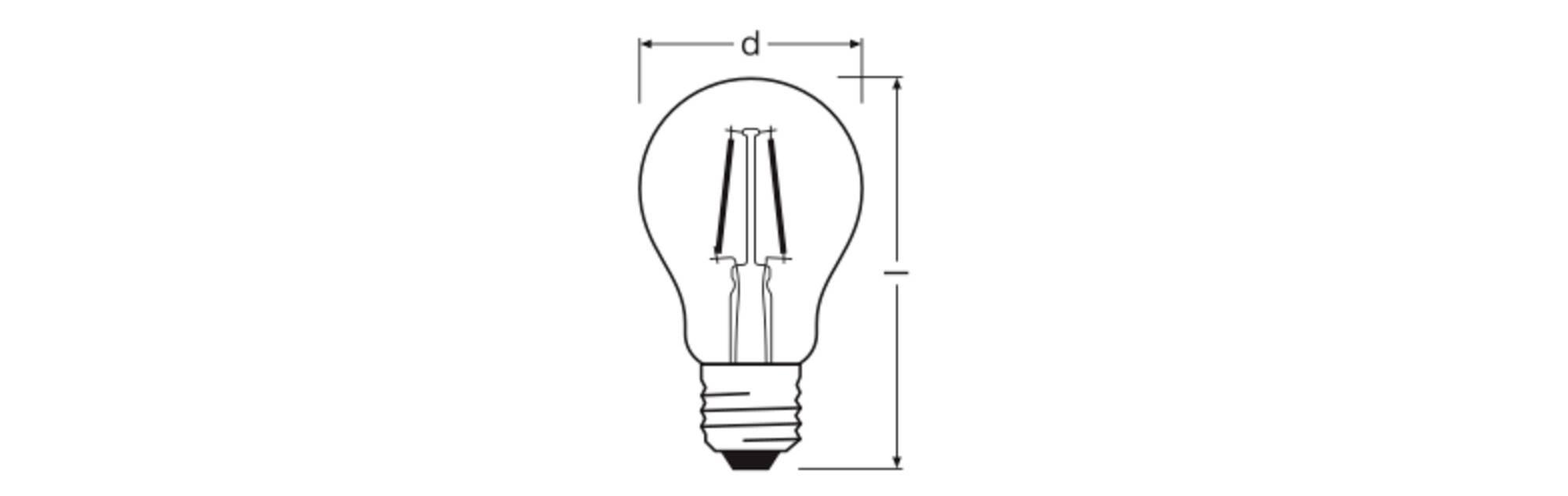 Diagram van een gloeilamp met afmetingen gemarkeerd als 'd' voor diameter en 'h' voor hoogte, met nadruk op de structuur en afmeting van de lamp.