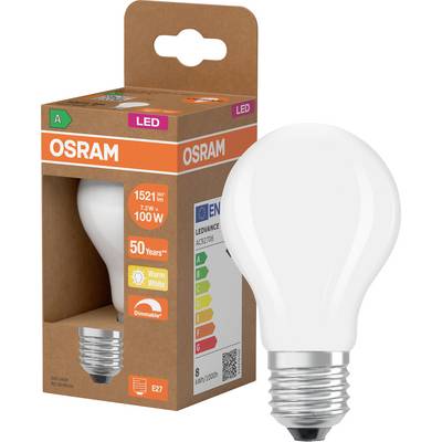 OSRAM LED-gloeilamp in een retailverpakking, met de gloeilamp naast de verpakking afgebeeld; doosetiketten geven aan E27, dimbaar, warm wit en 100W equivalent.