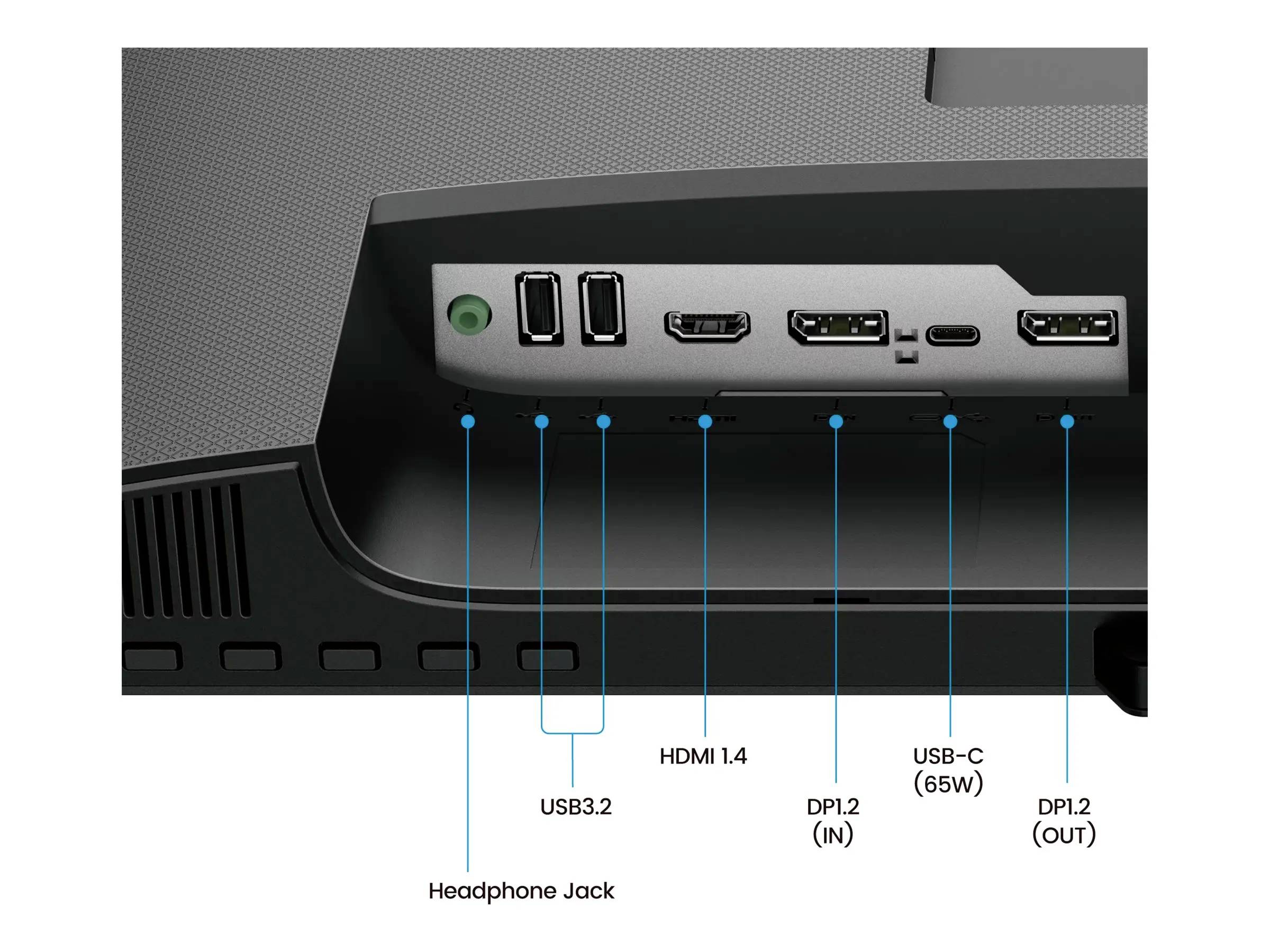 'Achterpaneel van een monitor met poorten: USB 3.2, HDMI 1.4, twee DisplayPort 1.2, USB-C (65W), USB 3.2 (In/Out), en koptelefoonaansluiting.'