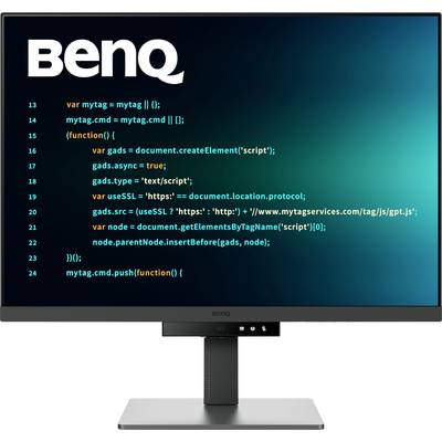 Een monitor die een scherm met JavaScript-code weergeeft. Het scherm toont 'BenQ' bovenaan met verschillende codervariabelen en functies eronder.