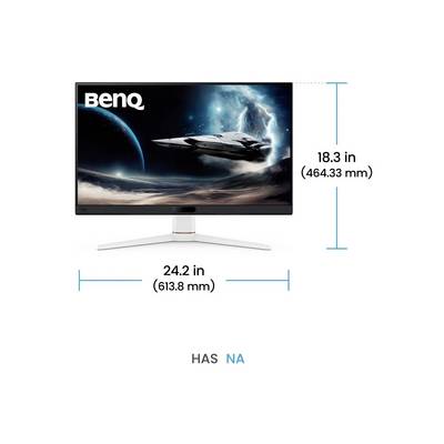 Een BenQ-monitor waarop een ruimte-gerelateerd beeld wordt weergegeven met een ruimteschip. De afmetingen van de monitor zijn 24,2 inch (613,8 mm) breed en 18,3 inch (464,33 mm) hoog.
