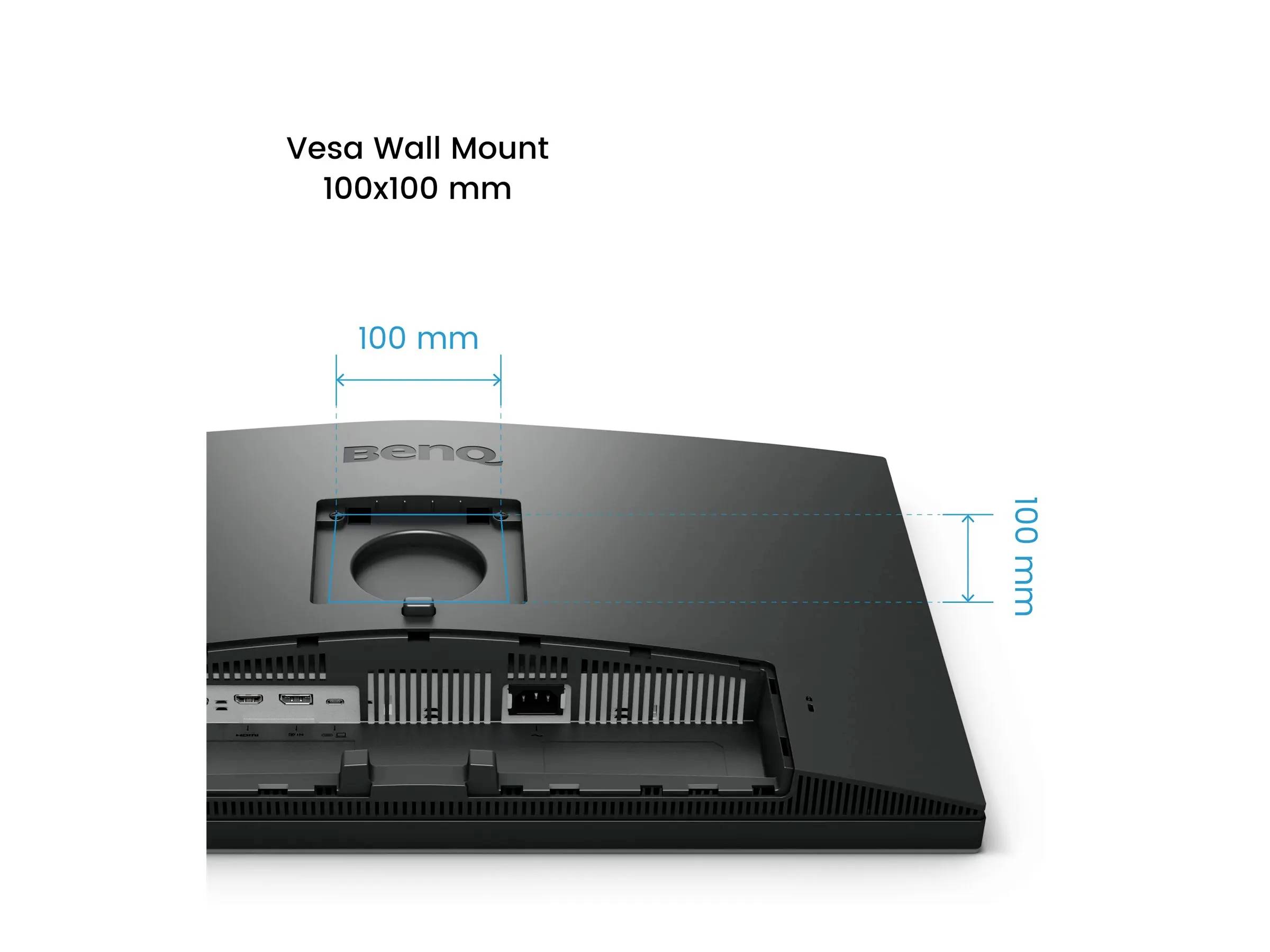 De afbeelding toont de achterkant van een monitor waarbij 'Vesa Wall Mount 100x100 mm' wordt gemarkeerd, met pijlen die de montagedimensies aangeven.