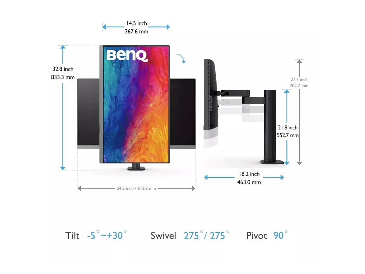 Een kleurrijke monitor gelabeld 'BenQ' met afmetingen: hoogte 32,8 inch, breedte 14,5 inch. De standaard maakt kantelen, zwenken en roteren mogelijk.