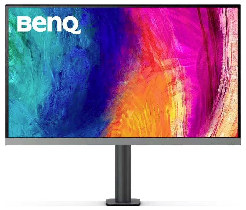 Een kleurrijke computerscherm met een levendige abstracte weergave, met opvallende wervels van blauw, roze en oranje. Het scherm vertoont het 'BenQ' logo.