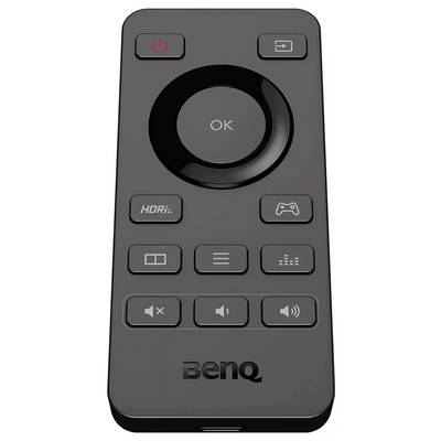 Een zwarte afstandsbediening met het label 'BenQ' met knoppen voor aan/uit, navigatie, HDRi, gamemodus, volume, dempen en menu.