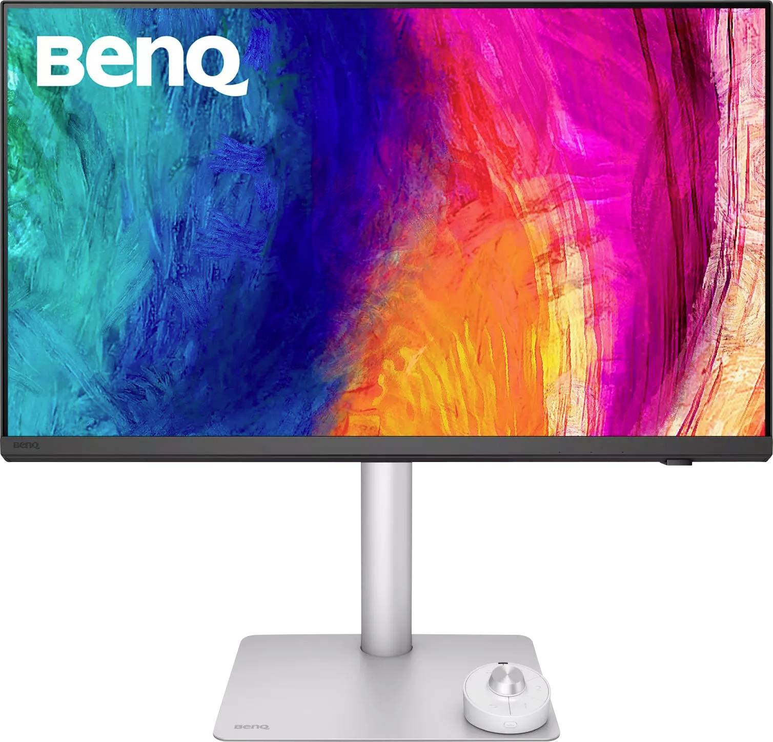 Een BenQ-monitor die abstracte kunst vertoont met levendige tinten blauw, paars, oranje en roze. De monitor heeft een slanke rand-ontwerp.