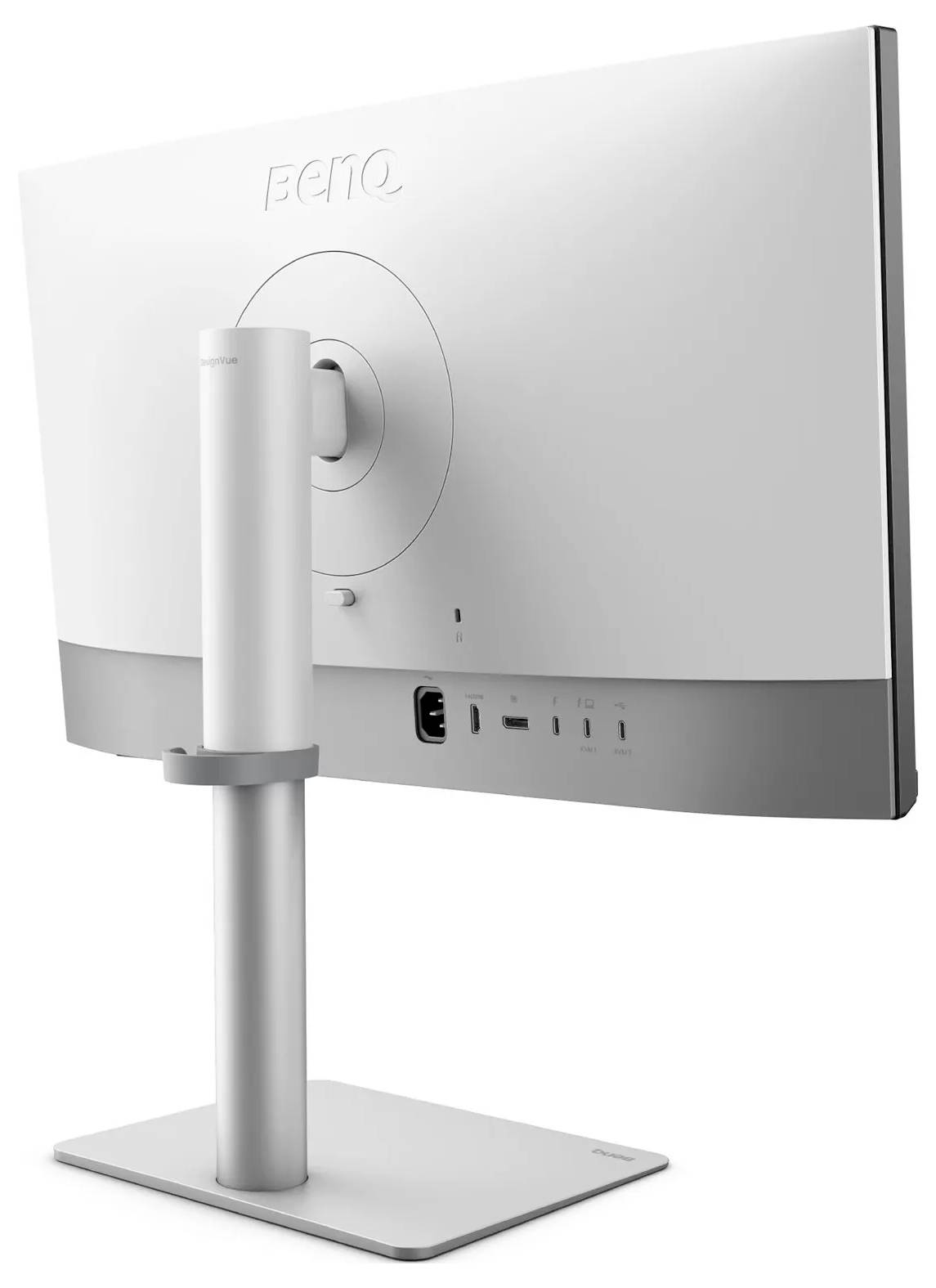 Een slanke, moderne computermonitor gezien van achteren, met een gebogen ontwerp, voorzien van poorten voor connectiviteit en een stevig standaard voor stabiliteit.