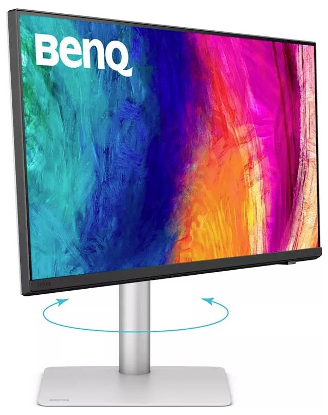 BenQ-monitor met levendige kleurendisplay, verstelbare zilveren standaard en merklogo in de bovenhoek.