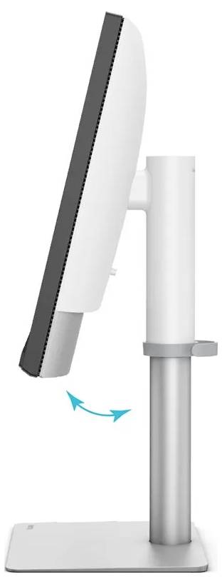 Zijaanzicht van een slanke computermonitor op een verstelbare standaard, waarbij de kantelcapaciteit wordt geïllustreerd met een pijl die voorwaartse en achterwaartse beweging aangeeft.