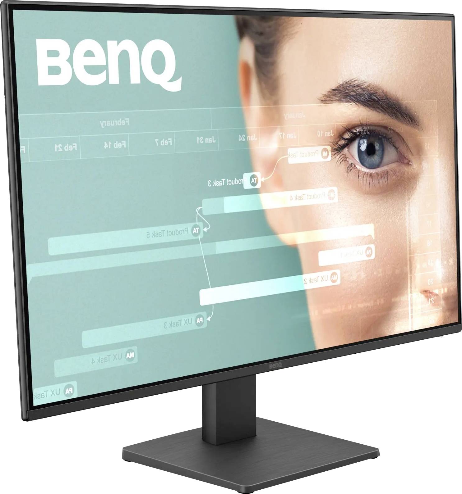 BenQ-computermonitor met een close-upafbeelding van een oog naast een stroomdiagram met tekstuele elementen, waarbij de nadruk wordt gelegd op helderheid en detail.