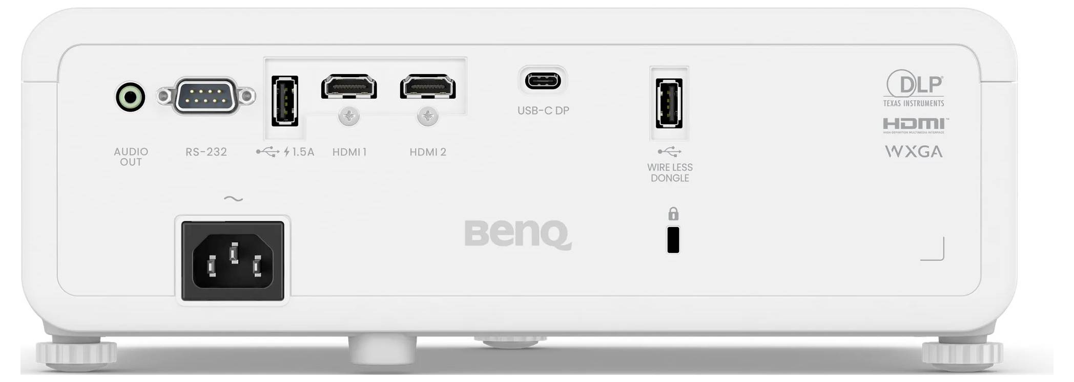 Achteraanzicht van een BenQ-projector met verschillende poorten, waaronder HDMI, USB, RS-232 en audio-uitgang, samen met voeding- en modelgegevens.