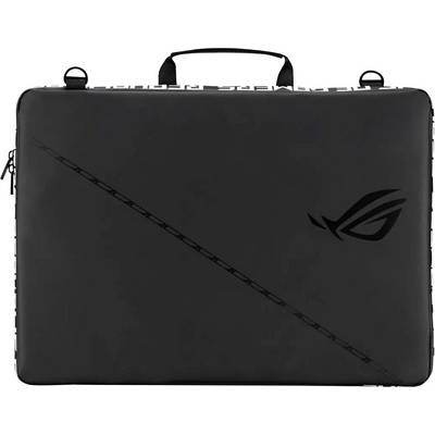 Zwarte garantietas met het Asus ROG-embleem op de voorkant, voorzien van een strak diagonaal lijnenontwerp, en een handgreep bovenaan om te dragen.