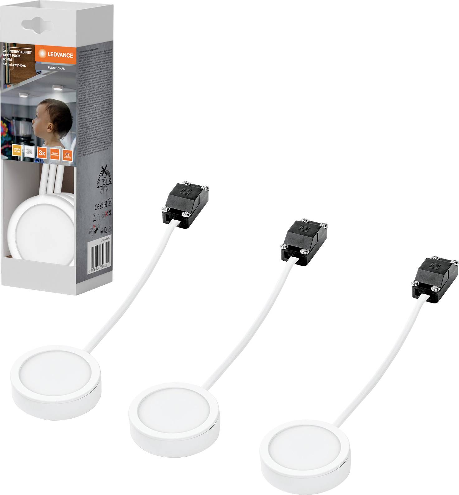 Drie witte ronde LED-pucklichten met aangesloten kabels en zwarte connectoren, weergegeven naast retailverpakking op een witte achtergrond.