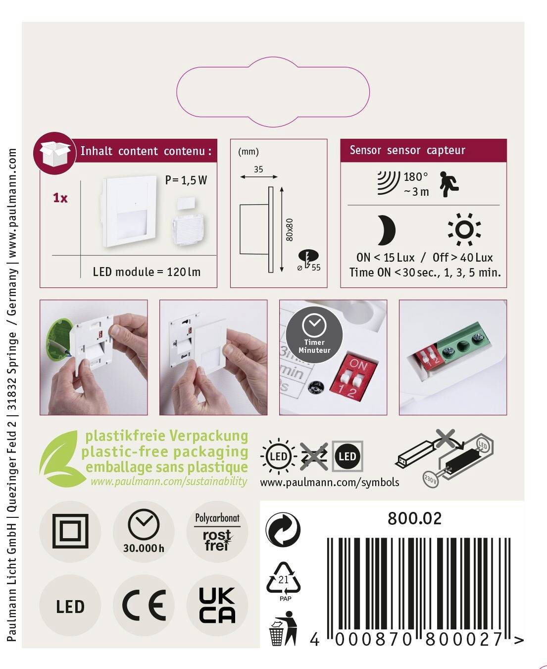 Paulmann 80002 LED Wandeinbauleuchte Tsaro eckig 80x36mm Wandinbouwarmatuur LED 1 W Wit (mat)-9