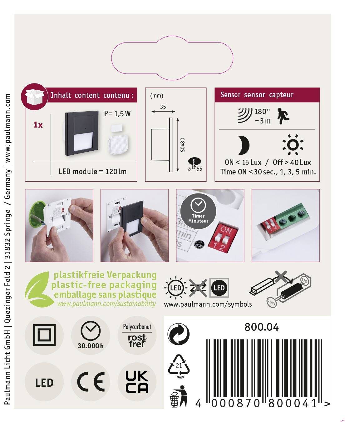 Paulmann 80004 Tsaro eckig 80x36mm 1W 80lm 230V 2700K Wandinbouwarmatuur LED 1 W Zwart (mat)-8