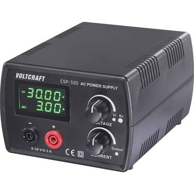 'Voltcraft CSP-320 AC voedingseenheid' met twee knoppen gelabeld 'Spanning' en 'Stroom', digitaal display toont '30.00V' en '3.00A'.