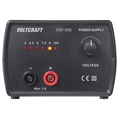 Voedingseenheid met spanningsaanpassingsknop en indicatoren voor 3 tot 12V. Voorzien van positieve en negatieve klemmen, maximaal 3A uitgang.