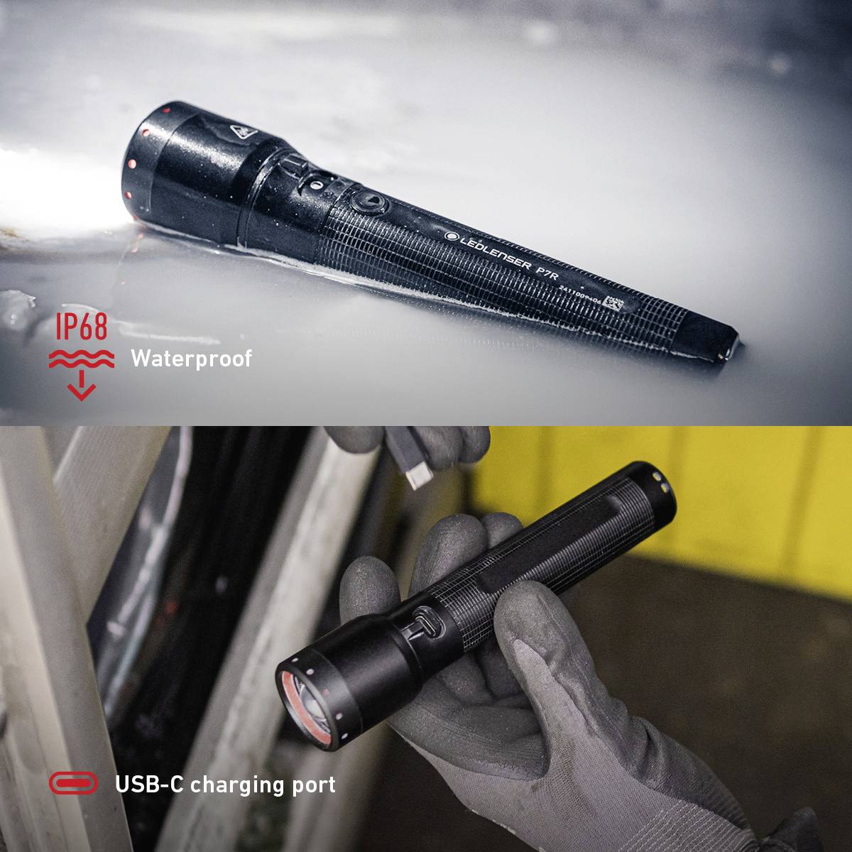 'Zaklamp met IP68-certificering ligt op een natte oppervlakte. De onderste afbeelding toont de USB-C-oplaadpoort en een persoon die de lamp vasthoudt.'