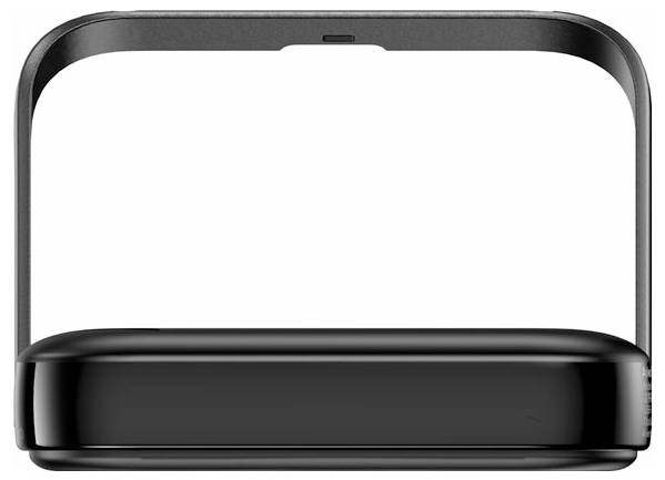 Een zwarte, rechthoekige smartwatch gezien van opzij, met de nadruk op zijn strakke design en gebogen scherm.