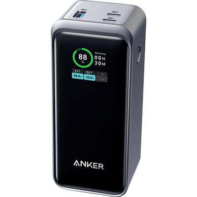 Een zwarte Anker-powerstation toont '88% batterij over, 100U 30M'. Hij heeft meerdere oplaadpoorten gemerkt als C1, C2 en A.