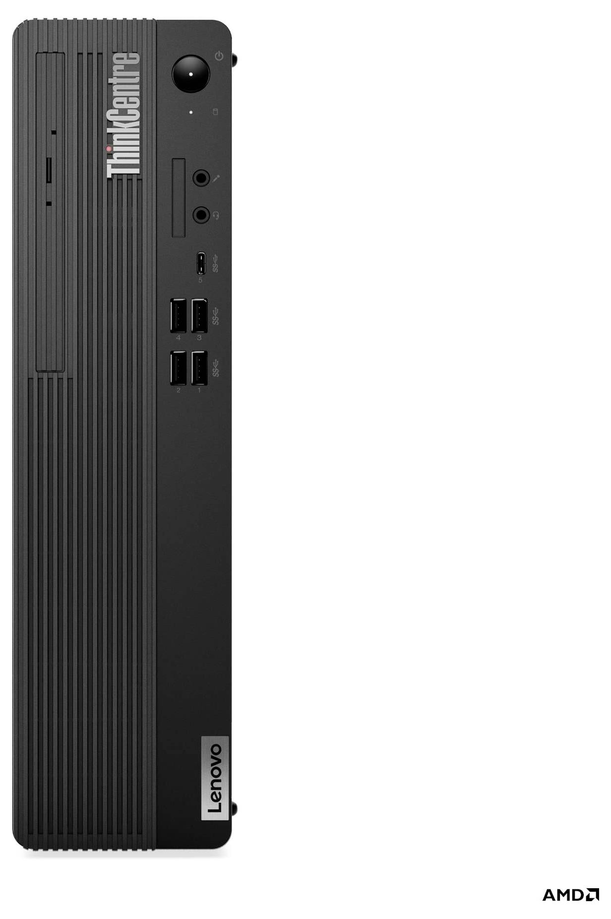 Een zwarte Lenovo ThinkCentre personal computer met meerdere USB-poorten en audioaansluitingen, voorzien van verticale groeven op het voorpaneel.