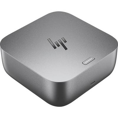 Een compacte, grijze elektronische apparaat met een logo bovenop, voorzien van een enkele knop en poort, mogelijk onderdeel van een computeropstelling.