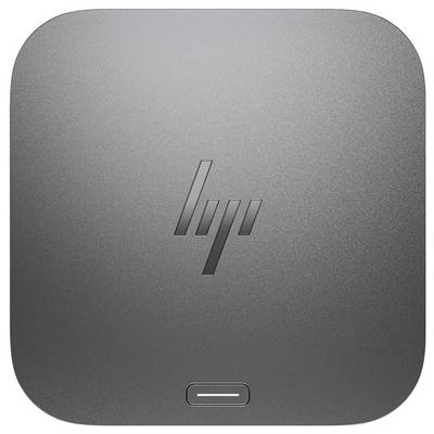 Een vierkant, metaalgrijs apparaat met afgeronde randen waarop het HP-logo in het midden is geplaatst en een knop onderaan.