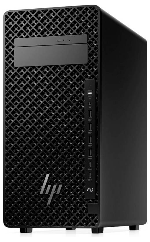 Een zwarte computerbehuizing met een gestructureerde voorpaneel, optische drive, USB-poorten en HP-logo, gezien van opzij.