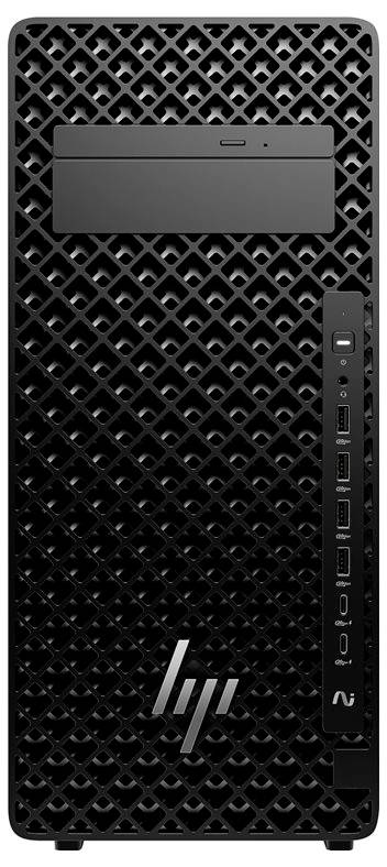 Een zwarte desktopcomputer-toren met een geperforeerd voorpaneel, een 'HP'-logo, en meerdere USB-poorten en een aan/uit-knop aan de rechterkant.