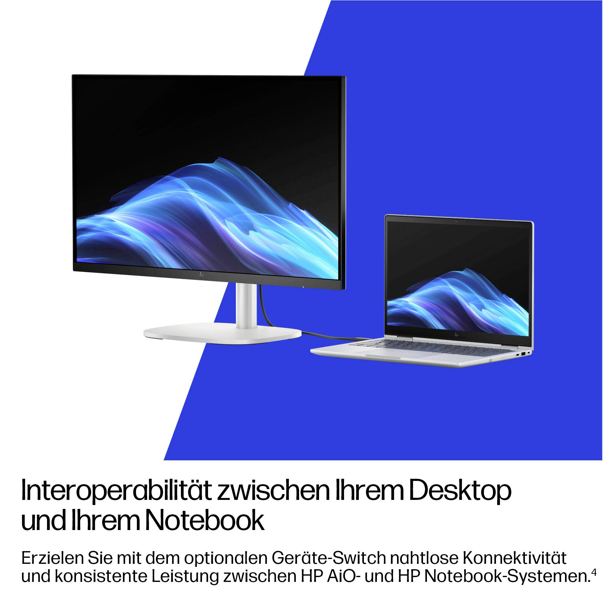 Een desktopmonitor en een laptop zijn verbonden, waarbij vergelijkbare blauwe golfgrafische worden weergegeven. Tekst daaronder bespreekt interoperabiliteit tussen desktops en notebooks.