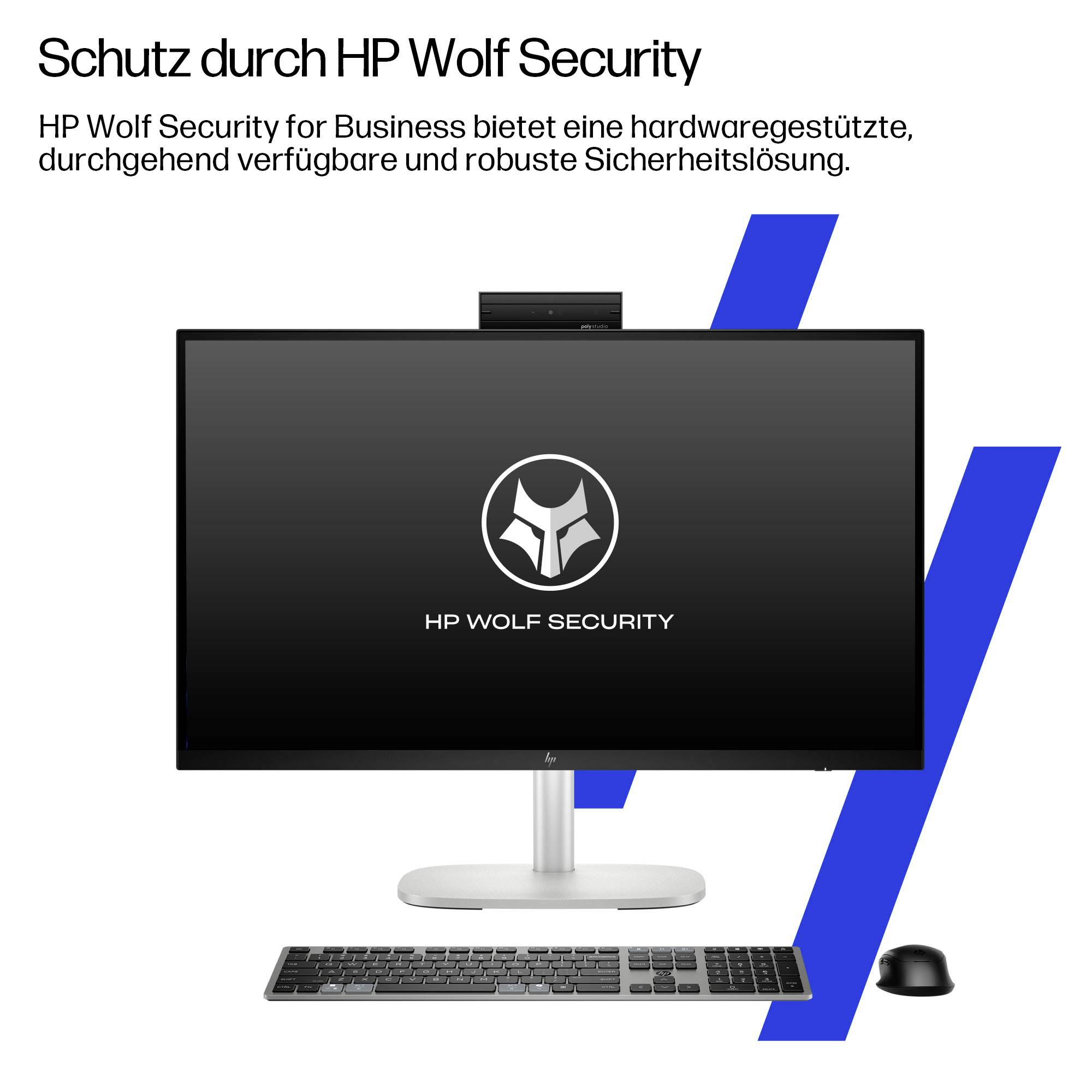 Een computer-monitor waarop 'HP Wolf Security' wordt weergegeven, samen met een toetsenbord en muis. De tekst vermeldt robuuste beveiligingsoplossingen voor bedrijven.