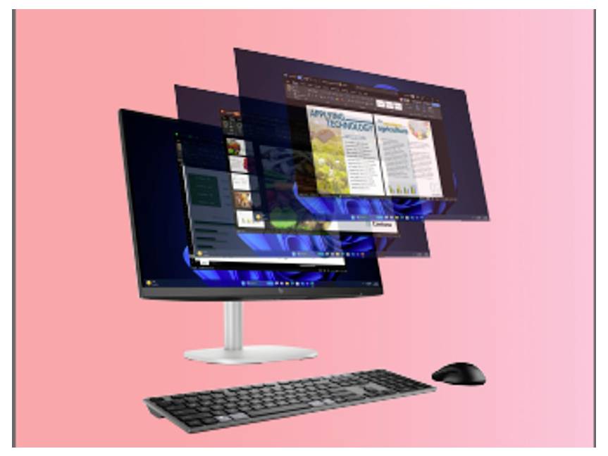 Een computermonitor toont meerdere overlappende softwarevensters, met een toetsenbord en muis ervoor, tegen een roze verloop van achtergrond.