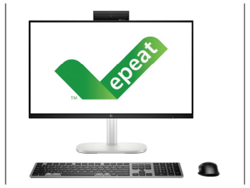 Computermonitor met een groene vinkje en 'epeat' tekst, wat naleving symboliseert, met een toetsenbord en muis zichtbaar eronder.