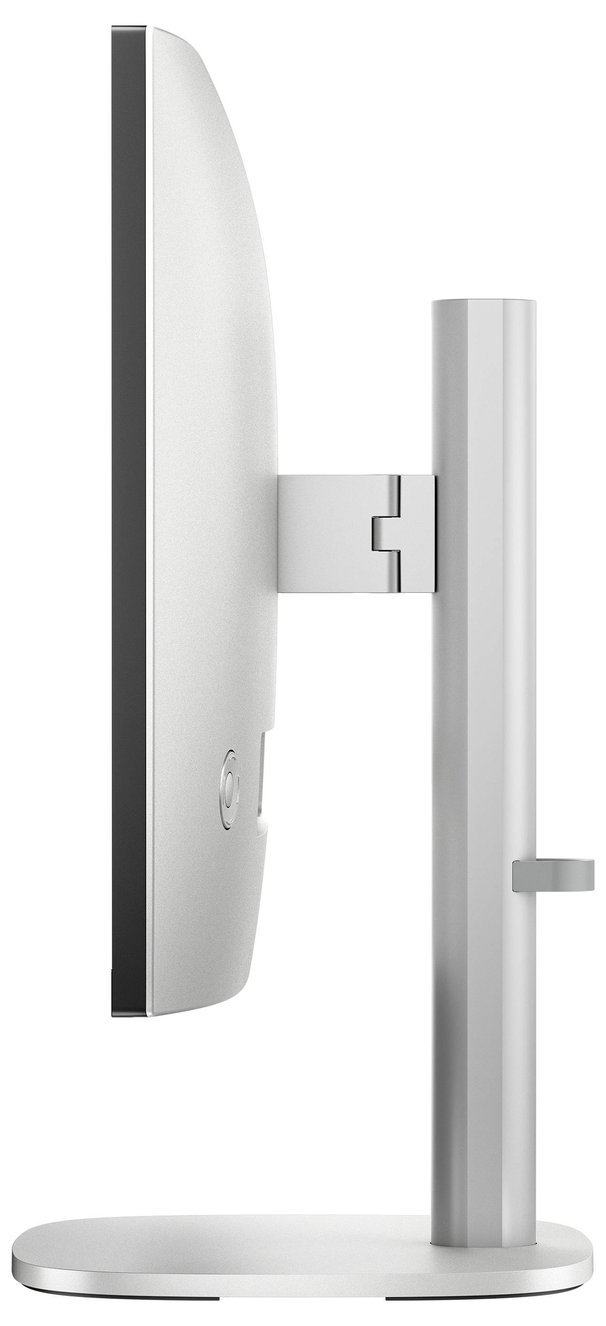 Een slanke, zilveren computermonitor gezien van opzij, met de nadruk op zijn dunne profiel en verstelbare standaard.