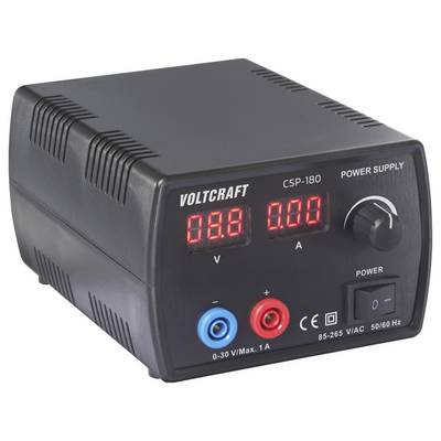 Een zwarte Voltcraft CSP-180 voeding met digitaal display dat '0.00' volt en ampère weergeeft, een draaiknop, aan-uitschakelaar en gekleurde klemmen.
