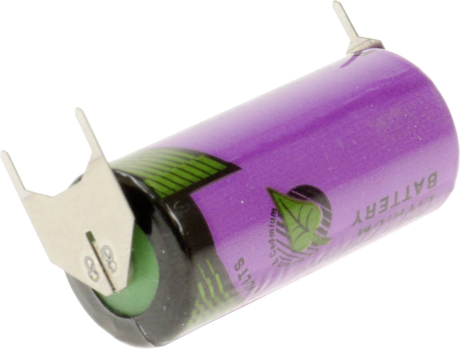 'Een paarse oplaadbare batterij met twee metalen lipjes voor aansluitingen, met een groen bladpictogram dat milieuvriendelijkheid aangeeft.'