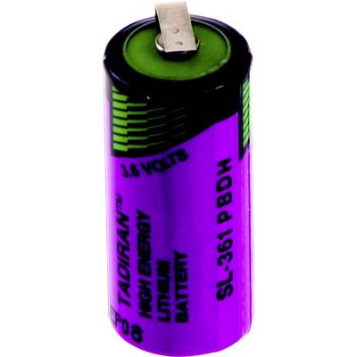 Een paarse en groene cilindrische lithiumbatterij met het label 'Tadiran High Energy 3,6 volt, SL-361 PBDH'.