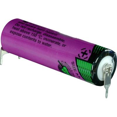 Een roze AA-formaat oplaadbare batterij met waarschuwingstekst die adviseert tegen demontage, blootstelling aan hitte of water.