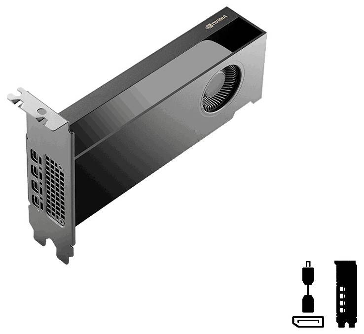 NVIDIA-merkgrafikakaart onder een hoek gefotografeerd, met zichtbare ventilator en poorten. Pictogrammen geven stroom- en uitvoerverbindingen aan.