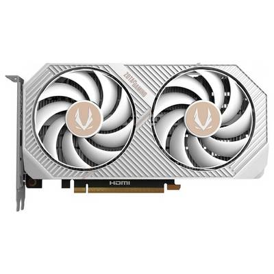 Een grafische kaart met twee ventilatoren in wit en zilver heeft het Zotac Gaming-logo in het centrum van elke ventilator, en beschikt over een HDMI-poort.