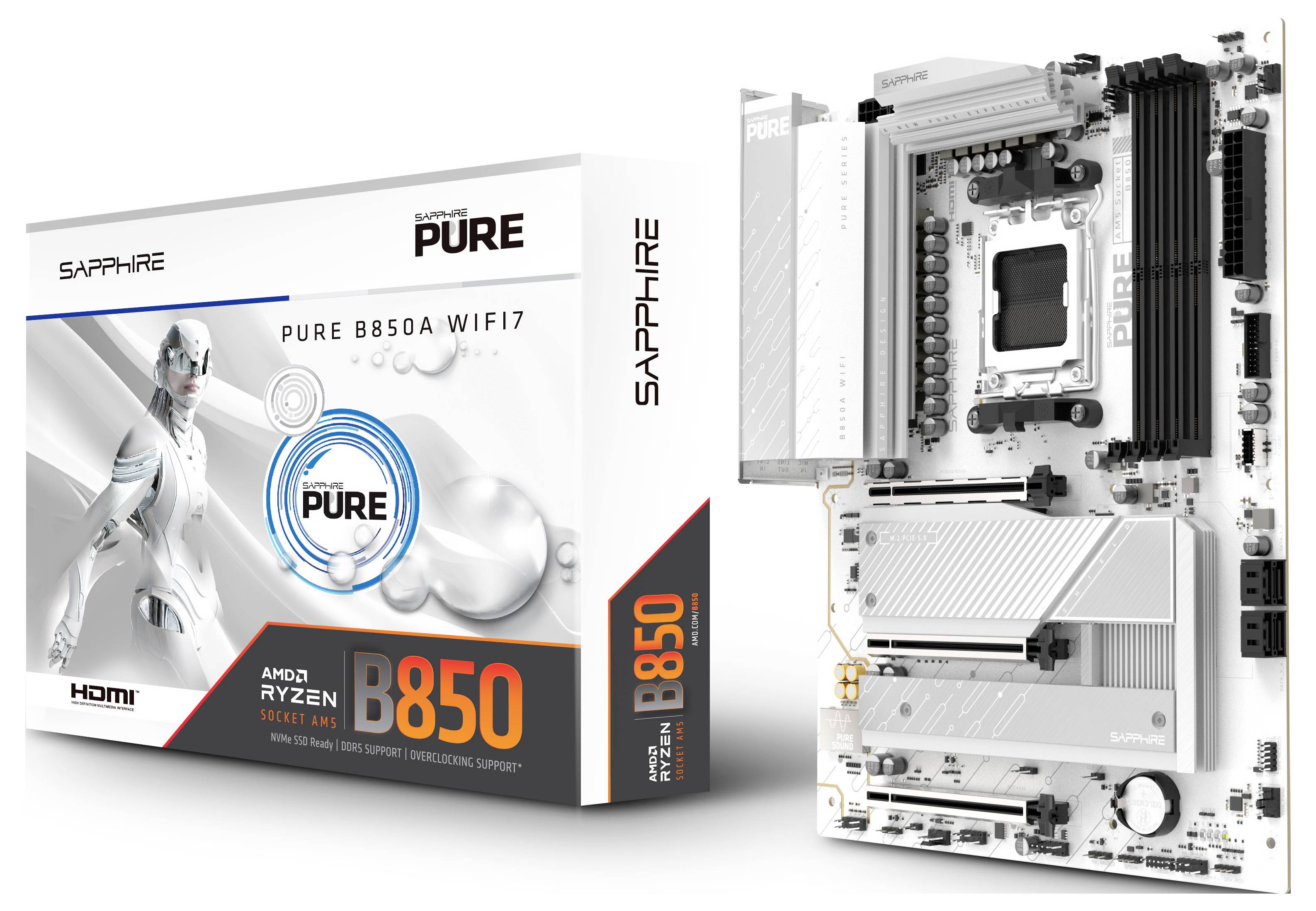 'SAPPHIRE PURE B850A WIFI7' moederbordverpakking en productweergave. Gemarkeerde functies omvatten AMD Ryzen-ondersteuning en HDMI-uitgang.