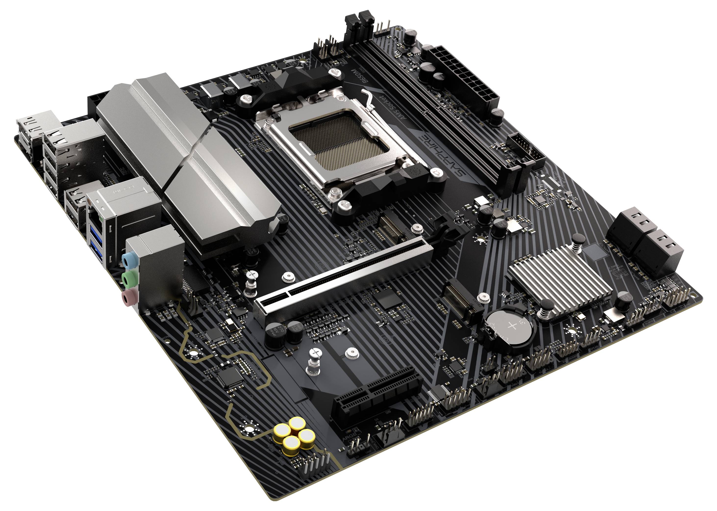 Een computermotherboard met verschillende poorten, sleuven en circuits. De centrale processorsocket is prominent zichtbaar.