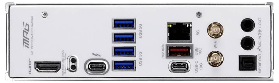 Achterpaneel van een moederbord toont verschillende poorten: HDMI, USB 3.0, USB-C, Ethernet en audio-aansluitingen.