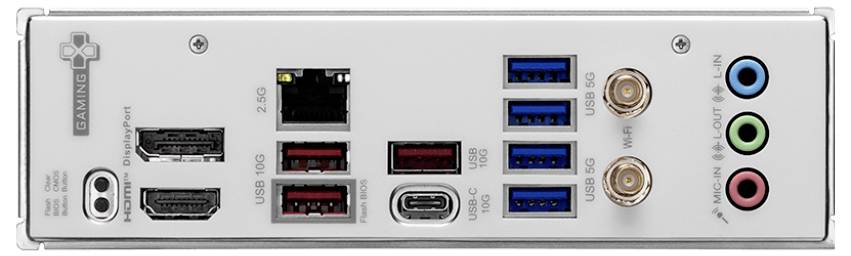'Achterpaneel van een computermoederbord met verschillende poorten zoals HDMI, USB, Ethernet, audioaansluitingen en antenne-aansluitingen.'