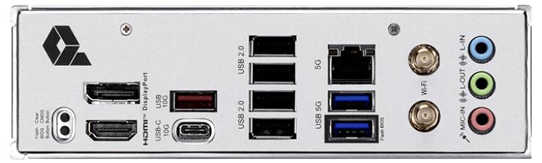 De afbeelding toont het achterpaneel van een computermoederbord met poorten waaronder HDMI, USB 2.0, USB 3.0, ethernet, audio-aansluitingen en Wi-Fi antenne-aansluitingen.